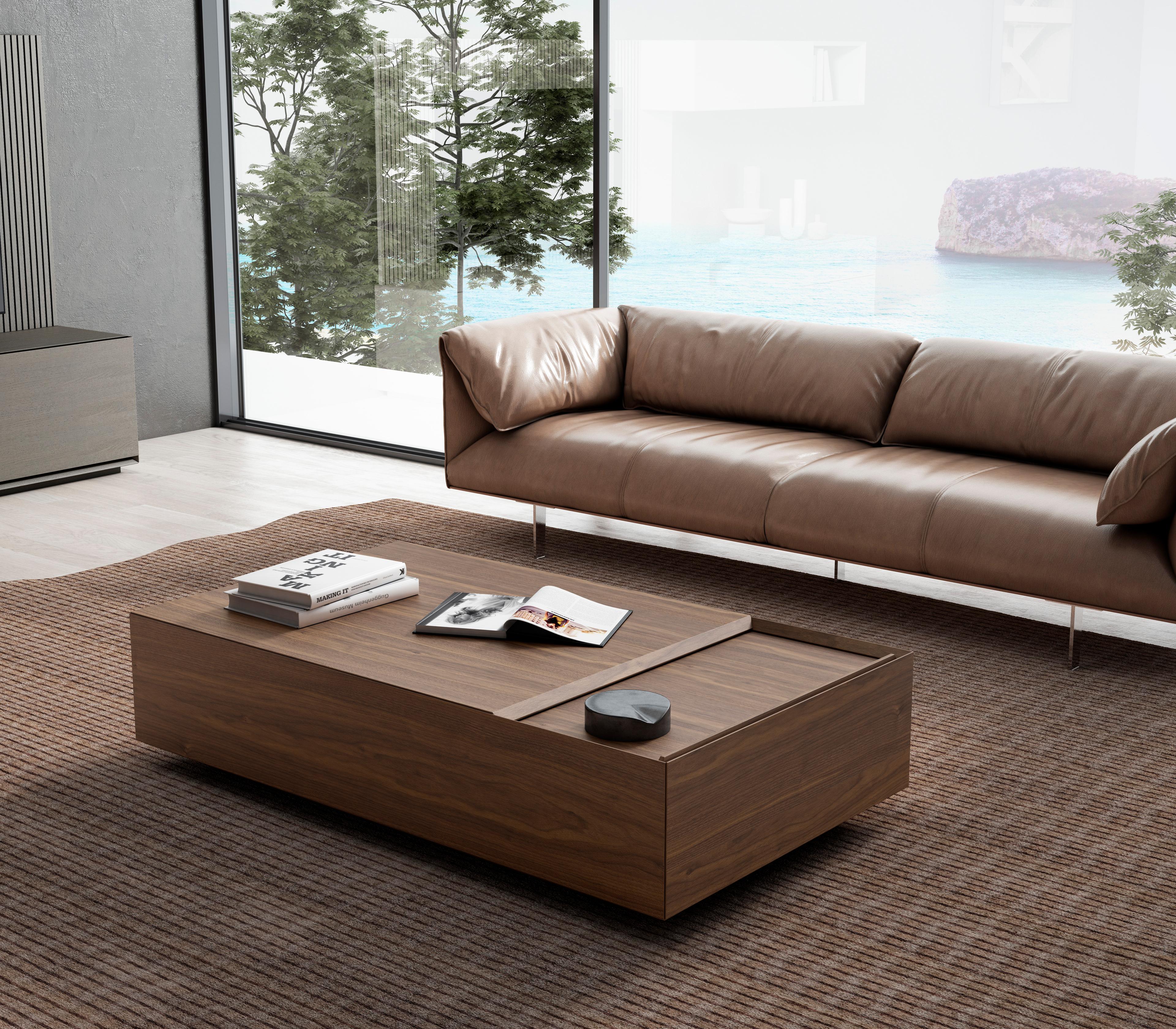 Suffa Wooden Coffee Table with Contemporary Leather Sofa and Ocean View
