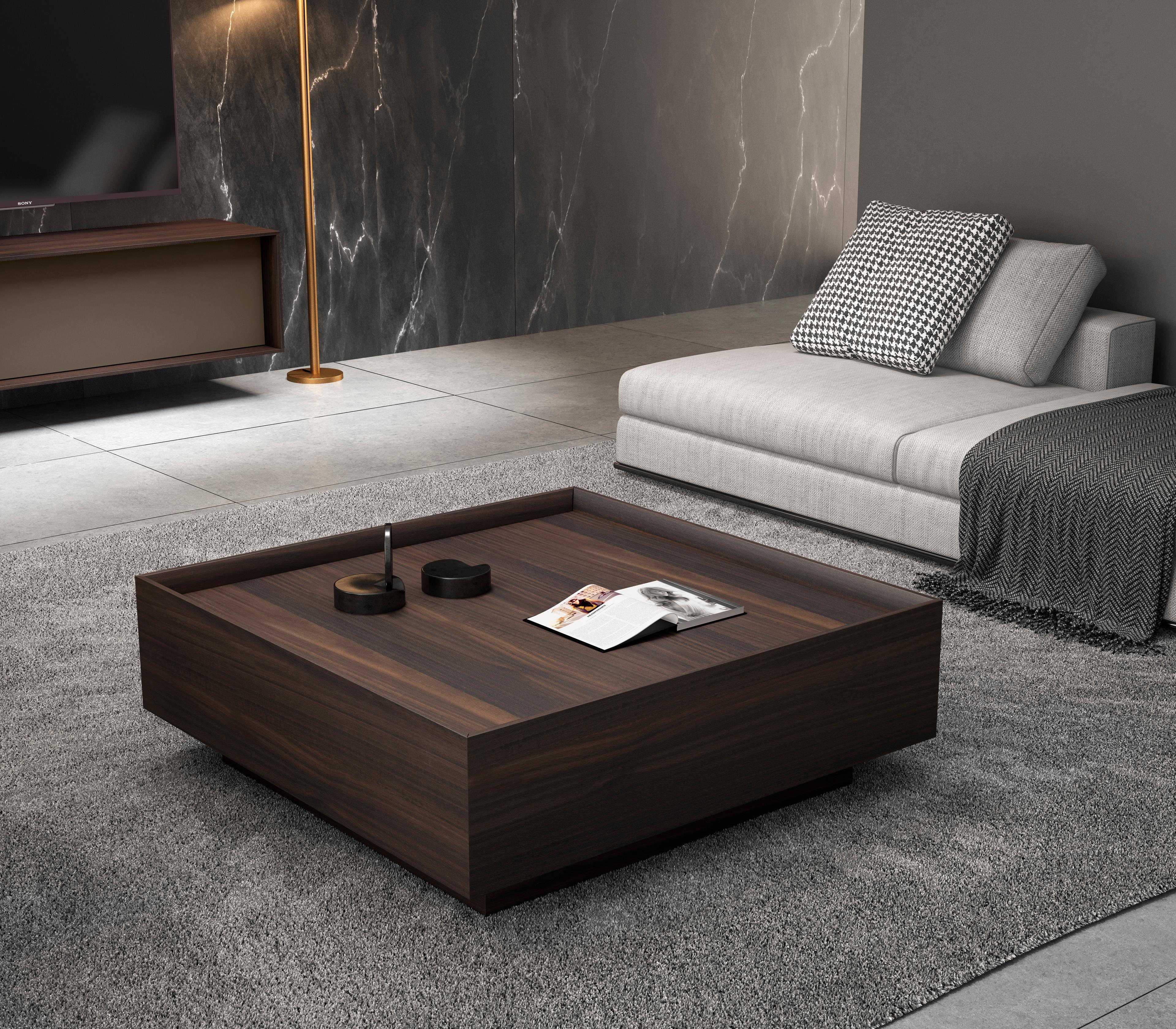 Suffa Square Dark Wood Coffee Table with Modern Grey Sofa