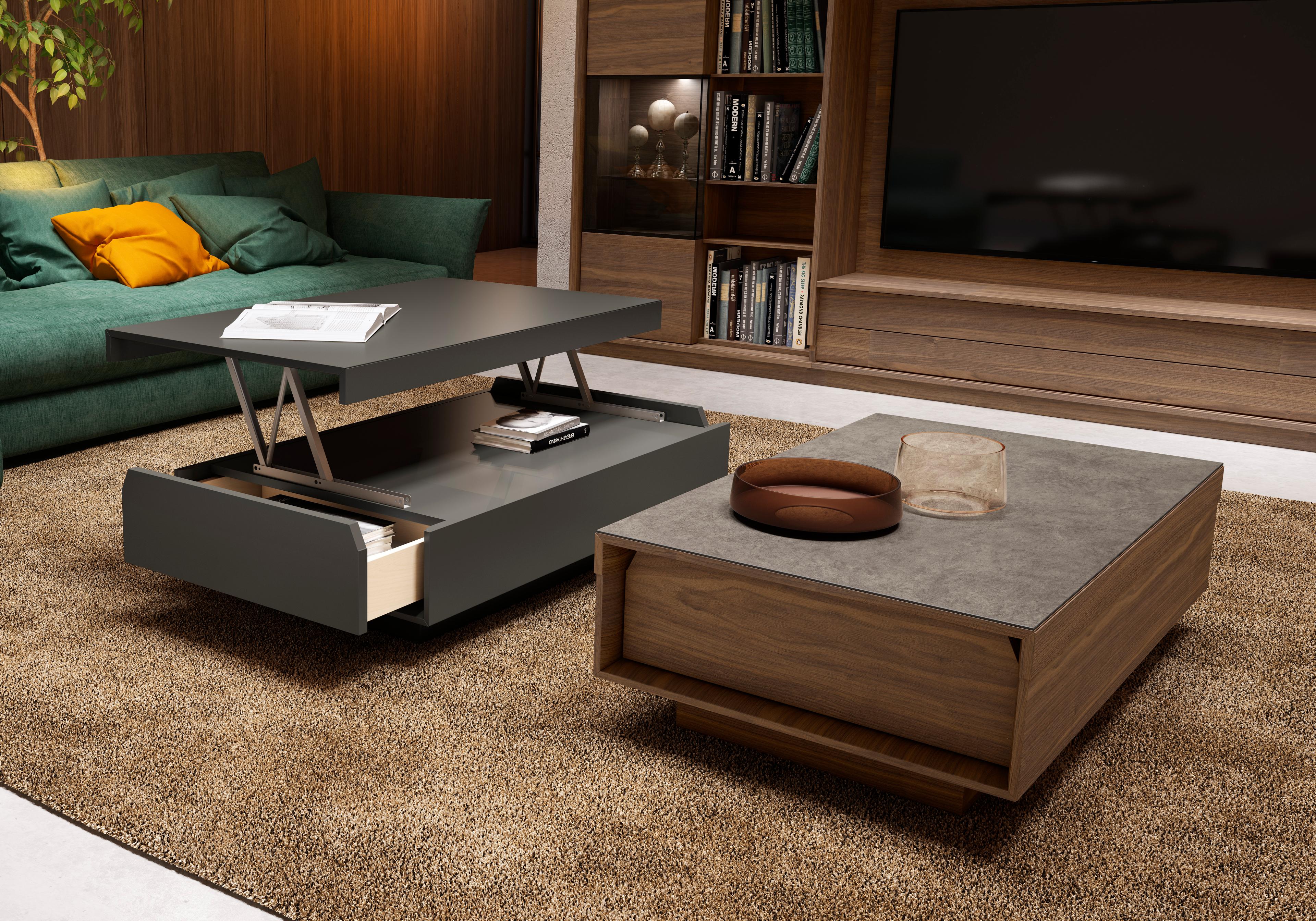 Suffa Lift-Top Coffee Table with Functional Design and Green Sofa